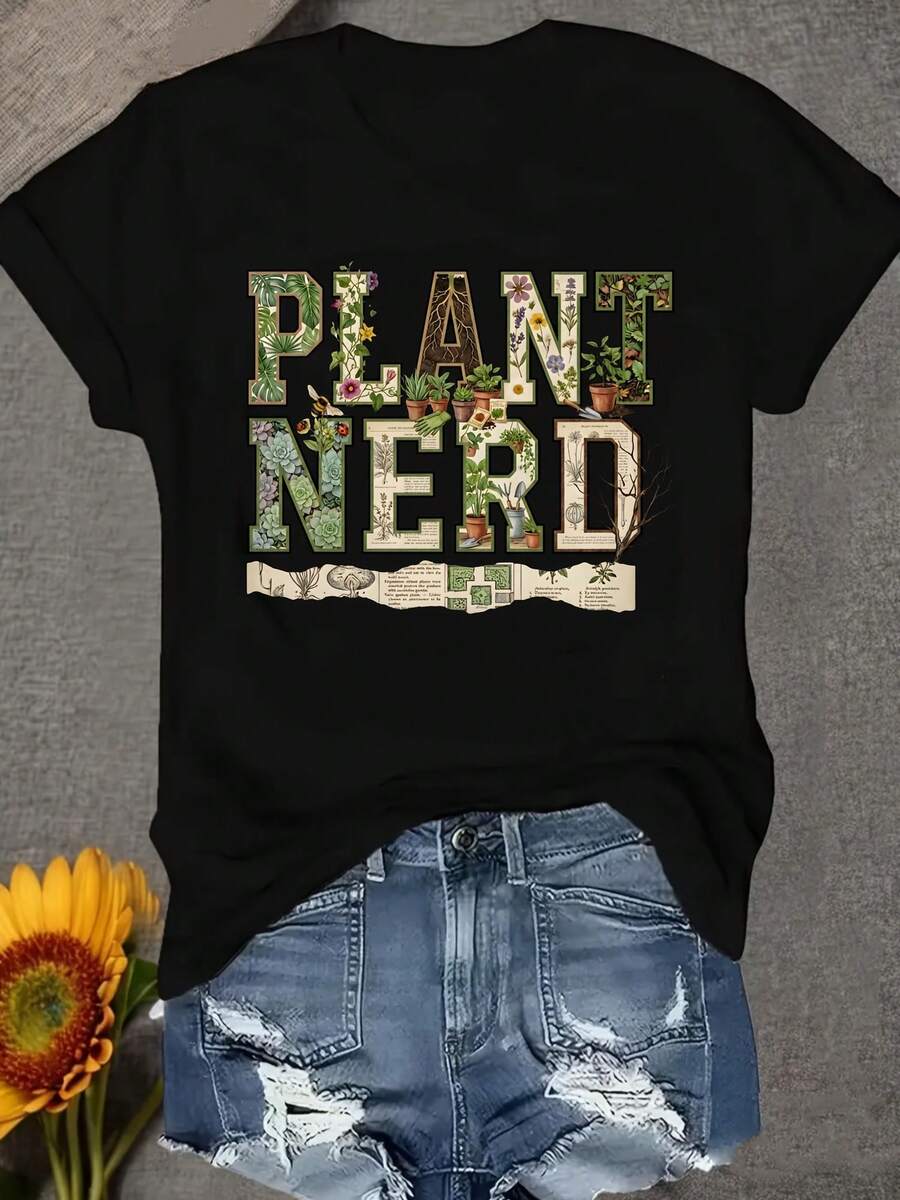 Una camiseta de manga corta para mujer, moderna, a la moda, retro, casual y holgada, adecuada para actividades al aire libre en primavera y verano.Camiseta de cuello redondo para mujer, diseñada para ser cómoda y suave, ideal para el uso diario, con un estampado de amantes de las plantas.blusas para mujer,blusas casuales para dama,tops,, mujer premium,y2k,playeras de mujer curvy,ofertas y liquidaciones ropa mujer,playeras deportivas para mujer,,playeras de hombre, mujer,blusas>elegante URIY - Negro - Ver 1