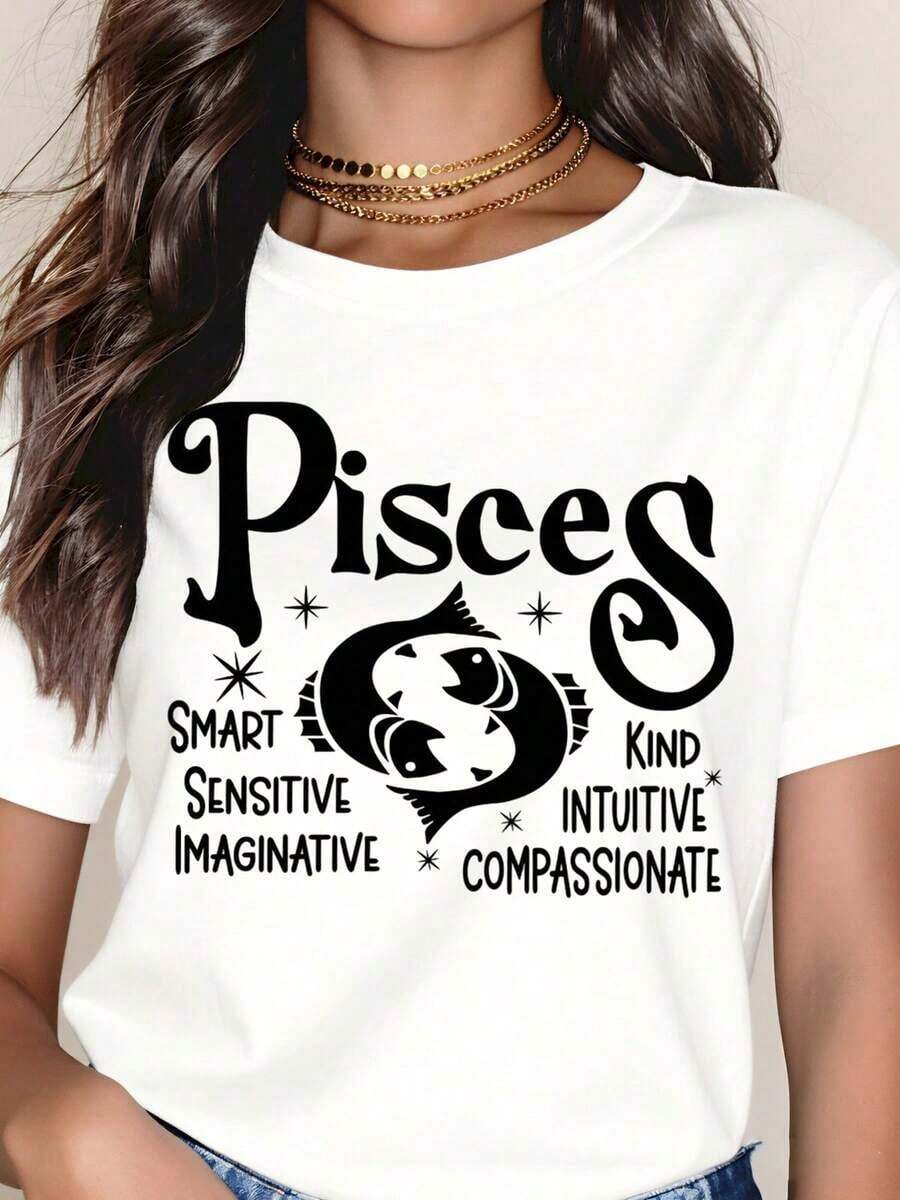 Camiseta con el Signo Zodiacal Piscis, Estilo Urbano Vintage, Unisex, de Algodón 100%, Manga Corta, Cuello Redondo, 220g, para Mujer, Ideal como Regalo de Cumpleaños, Navidad o Vacaciones. - Blanco - Ver 1