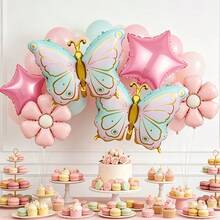6pcs Pink Star Flower Butterfly Foil Balloons - Gradient Butterfly Design + Pentagram + Flower Balloons, Suitable For Birthday Party, Wedding, Engagement, Girl Theme Party Decoration - View 8
