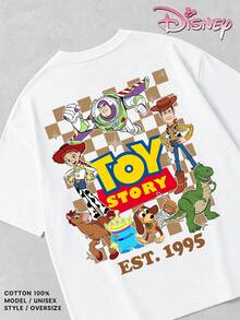 Women's Pure Cotton T-Shirts Featuring A Large Collection Of Disney Toy Story Characters Printed On Both The Front And Back. Retro Checkerboard - 白色 - 查看 2
