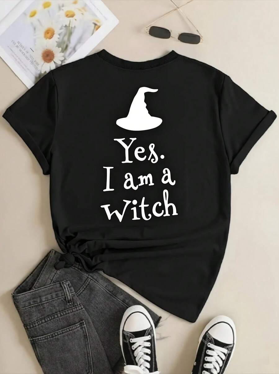 Camiseta Unisex de Manga Corta y Cuello Redondo en Negro con Estampado Gráfico que Dice 'Sí, Soy una Bruja' – Ideal para Fiestas Informales de Halloween, Esta Divertida Camiseta Está Hecha de Tela de 180 Gsm, Garantizando Durabilidad - Negro - Ver 1