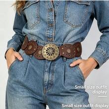 1pc Vintage Western Style Women's Belt, Round Metal Buckle Contrast Color Design, Suitable For Dresses, Jeans, Party, Outdoor, Music Festival, Christmas - Brown Round Floral Button Panel - View 3