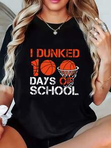 Cuello Redondo Talla Grande - Camiseta de Mujer con Estampado de Baloncesto "I Dunked 100 Days of" - Camiseta casual de manga corta con cuello redondo y diseño divertido, top cómodo para el verano, adecuada para uso casual, uso en todas las estaciones, camiseta de baloncesto, ropa casual, diseño con texto llamativo, estampado duradero, estilo cómodo, estilo de vida, camiseta ligera, camiseta estampada, blusas casuales para mujer. - Negro - Ver 8
