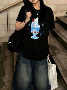 Women's Clothing Loose-Fitting Short-Sleeved T-Shirt With Cartoon Print, Unique Design For Petite Women, Casual 's Shirts - 黑色 - 查看 3