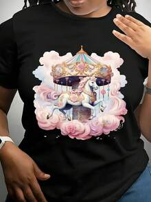 Camiseta de Cuello Redondo para Mujer de Talla Grande con Estampado de Carrusel Mágico - Camiseta negra suave con colores pastel, adecuada para uso casual diario y atuendos de fiesta temática, moda de temporada, temática de fantasía, tela de alta calidad, top de cuello redondo, imprescindible para los amantes de la fantasía. Blusas Para Mujer Casual - Negro - Ver 7
