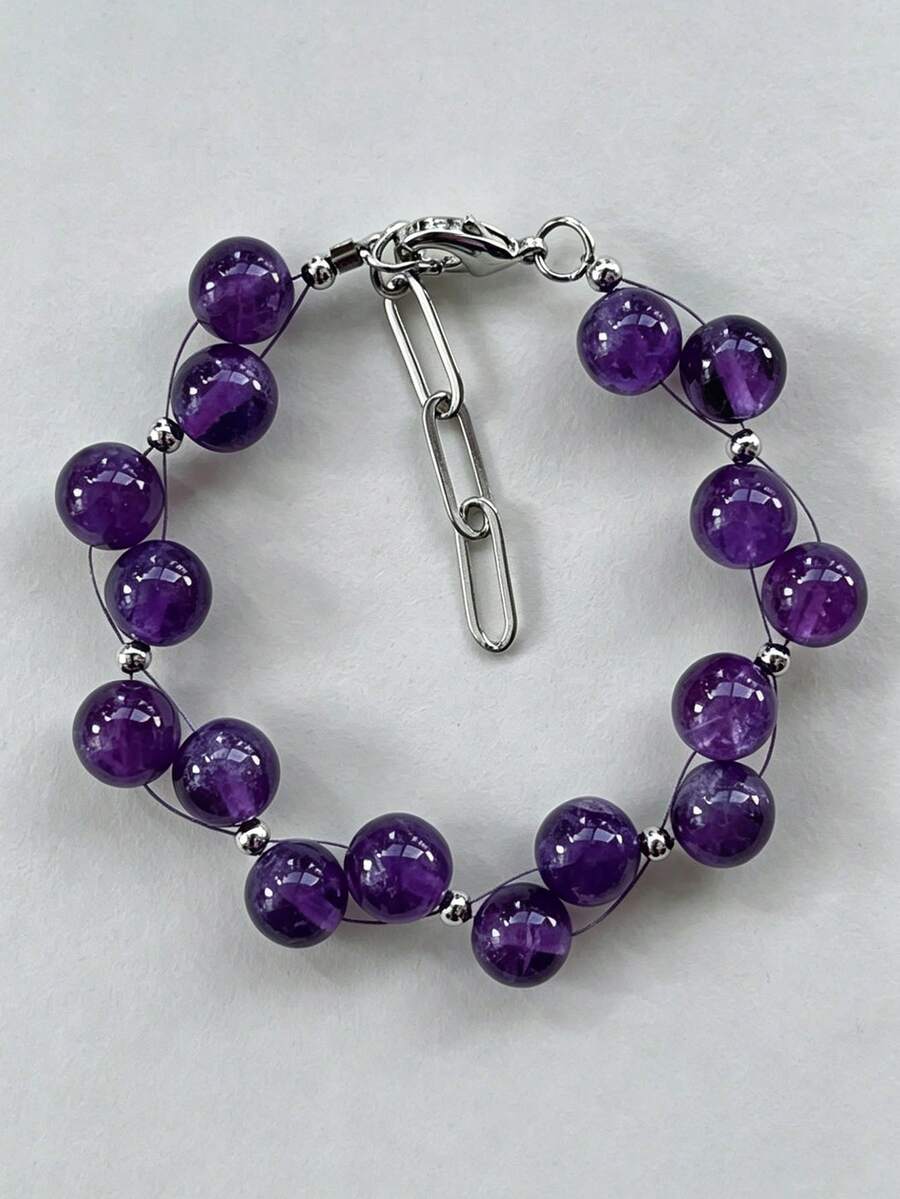 Pulsera de amatista tejida a mano, pulsera de cuentas de piedra preciosa natural púrpura, joyería elegante de uso diario - Amatista - Ver 1