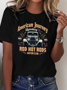 Camiseta Vintage de los Años 50 con Estampado de Coches Nostálgicos para Mujer - Suave, 100% holgada, de manga corta, con diseños americanos de los años 50, estampados de hot rods y coches clásicos, adecuada para ferias de coches y eventos temáticos, diseño geométrico, lavable a máquina, cómoda para todas las estaciones, blanca con llamativos diseños de coches vintage en naranja y negro, temática "American Journey Legendary Iron Wheels", camisetas y blusas para mujer, blusas para mujer, camisetas para mujer, camisetas vintage para mujer, camisetas y blusas para mujer, camisetas para mujer, Navidad, camisetas para mujer, camisetas, camisetas estampadas para mujer, blusas para mujer. - Negro - Ver 7