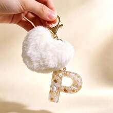 1 pieza Llavero con corazón de letra de resina beige y borla para mujer, accesorio creativo de estilo lindo como regalo para amigos - blanquecino - Ver 7