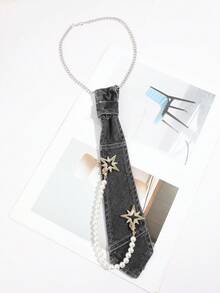1pc Fashionable Unisex Casual Versatile Denim Style Detachable Faux Pearl Chain Teddy Bear Dog Decor Bolo Tie, Suitable For Daily Outing, Party, Date Outfit - Multicolor - View 14