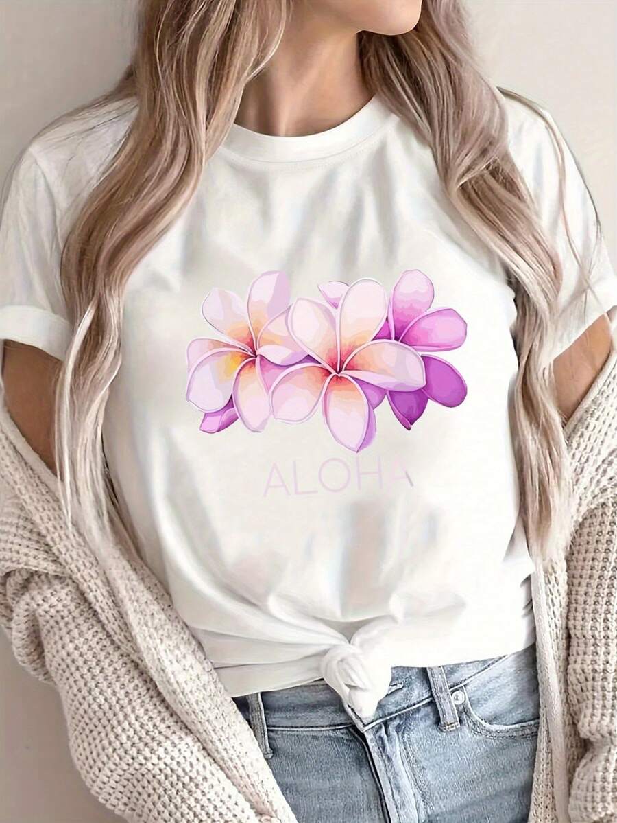 Camiseta de Mujer 100% Algodón Puro, Estilo Bohemio, con Estampado Floral Artístico, Casual, Básica, de Manga Corta, a la Moda. Camiseta de Mujer con Patrón Vintage Bohemio, 100% Algodón, Suave, Transpirable, Cuello Redondo, Manga Corta, Estilo Boho Urbano. - Blanco - Ver 1