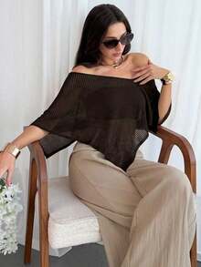2026  Chal elegante de estilo bohemio para vacaciones de mujer, jersey holgado de punto sin hombros con bajo asimétrico, parte superior ligera de protección solar - Café integral - Ver 6