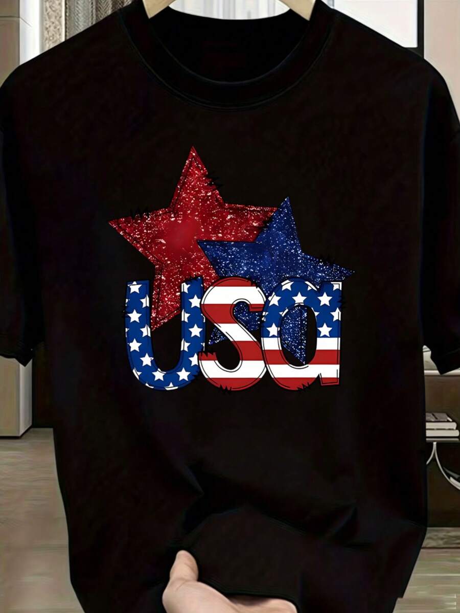 MPLSL|Camiseta de moda de Milán con estampado, blusa casual de mujer de manga corta y cuello redondo para primavera y verano|Camiseta con Estampado USA y Estrellas Brillantes - Negro - Ver 1