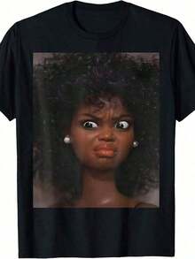 1 pieza de camiseta vintage con estampado de cara de muñeca melancólica, unisex, para todas las estaciones, 100% algodón puro, casual, cuello redondo, para exteriores, camiseta de manga corta personalizada, ropa de verano para hombre, ligeramente elástica, 100% algodón puro, tallas S-XXXL, la mejor camiseta gráfica para regalo, 180g 100% algodón. - Negro - Ver 7