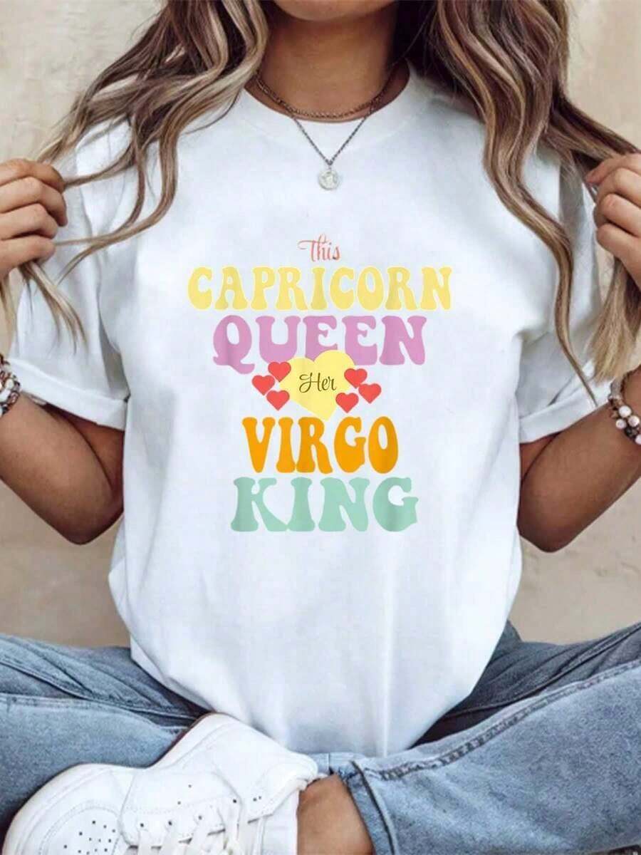 Camiseta Vintage de Algodón para Mujer, Diseño Gráfico de la Reina Capricornio en Virgo, Talla Grande, Cuello Redondo, Manga Corta, Regalo de Cumpleaños, para Entusiastas de la Astrología, Casual, Cómoda, Transpirable, 100% Algodón, 220g, para Uso Diario - Blanco - Ver 1