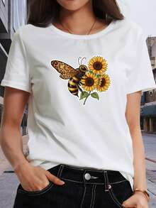 Suave, transpirable y ligera para comodidad durante todo el día. Camiseta casual para mujer con diseño de abeja y girasol, lavable a máquina, adecuada para cualquier temporada, fácil de usar a diario, ropa a la moda, ajustada y cómoda, material transpirable, top moderno para mujer. Cuello redondo clásico con un corte relajado que favorece todas las formas del cuerpo y fácil de combinar con jeans, shorts y leggings. - Blanco - Ver 12