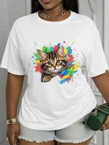 Suave, transpirable y ligera para comodidad durante todo el día. Camiseta de manga corta con cuello redondo y estampado de un lindo diseño de gato.Este elegante y versátil top es adecuado para todas las estaciones; presenta un diseño casual de cuello redondo y está hecho de un tejido suave y elástico.Cuello redondo clásico con un corte relajado que favorece todas las formas del cuerpo y es fácil de combinar con jeans, pantalones cortos y leggings. - Blanco - Ver 12