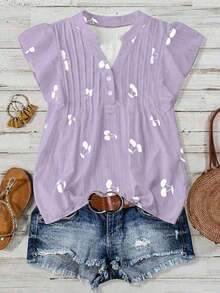Blusa casual de manga corta con cuello con volantes y estampado de cerezas para uso diario y vacaciones - Púrpura malva - Ver 1