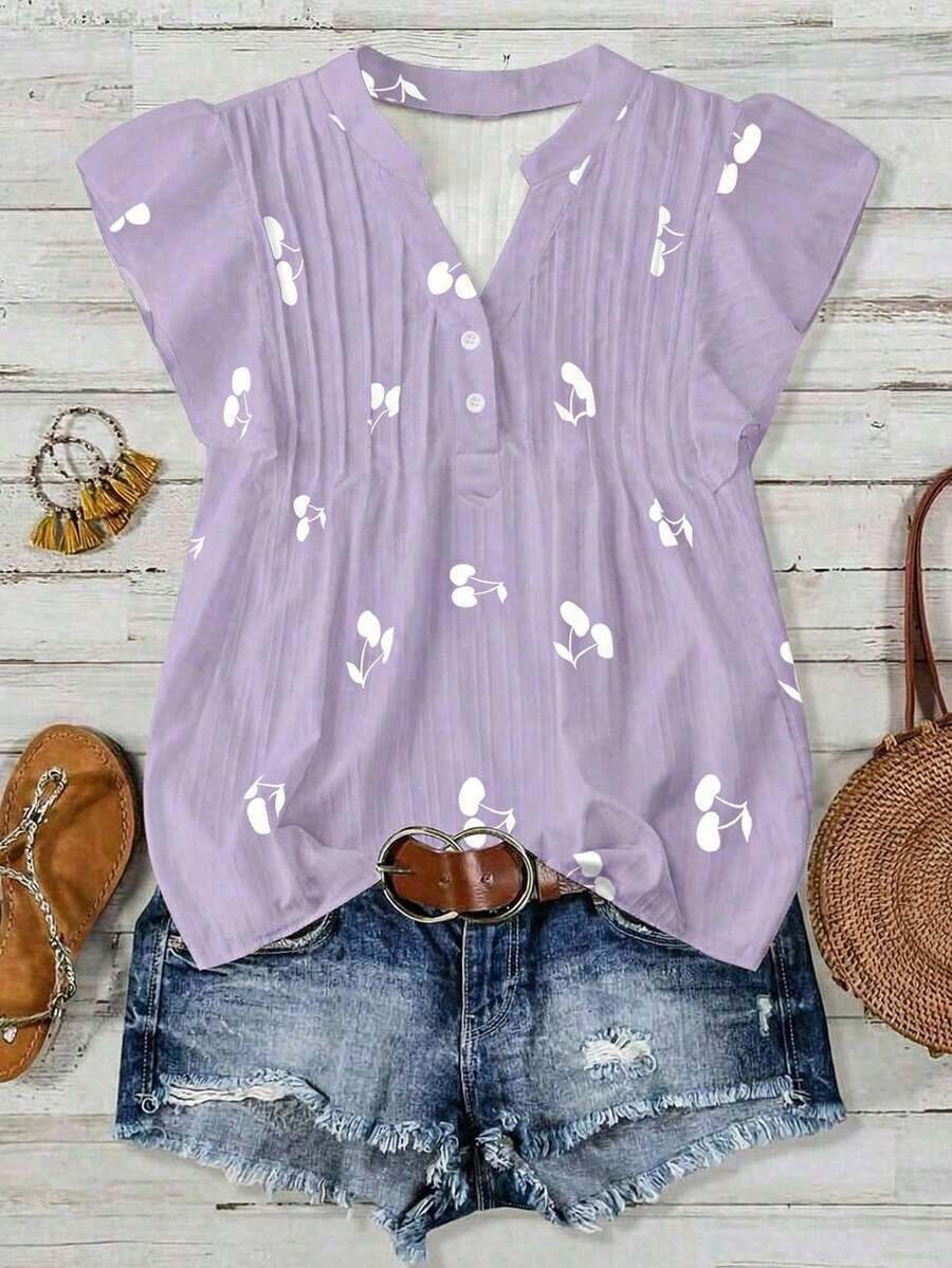 Blusa casual de manga corta con cuello con volantes y estampado de cerezas para uso diario y vacaciones - Púrpura malva - Ver 1