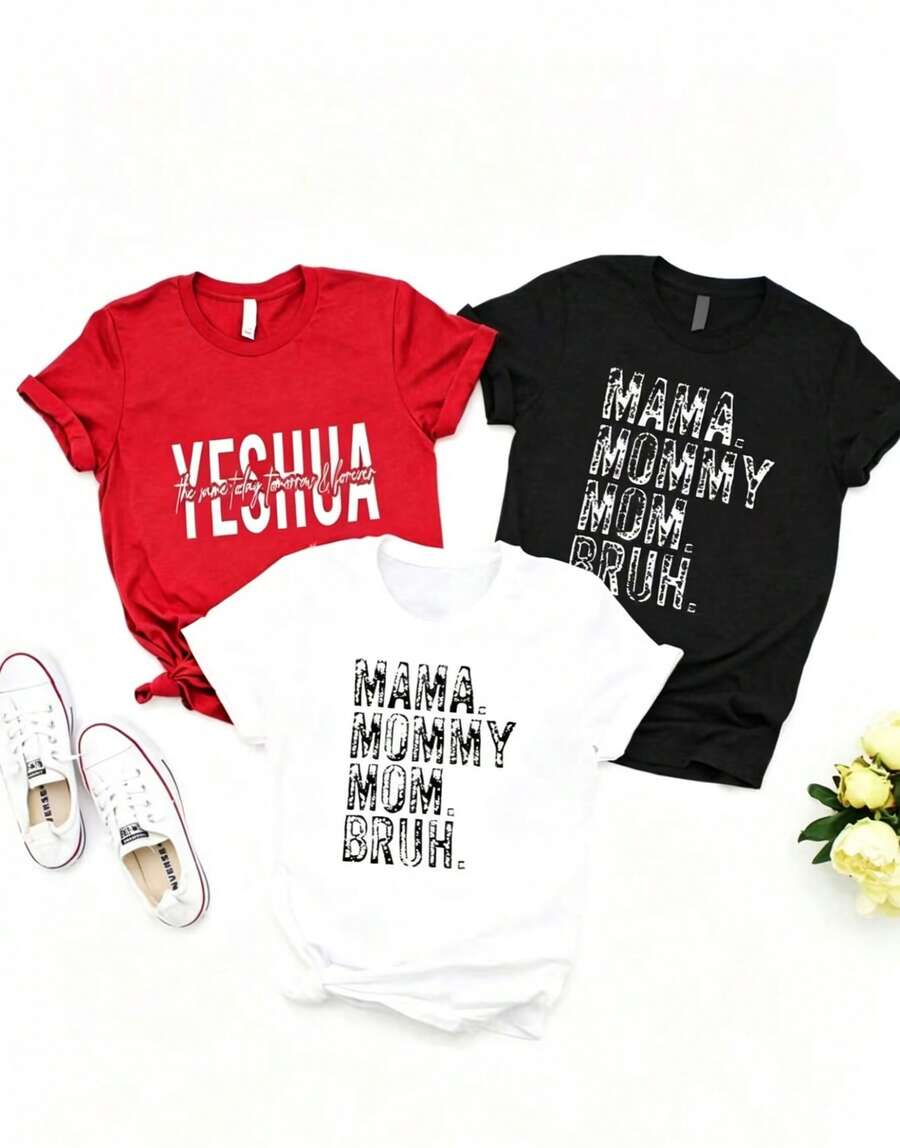 Artículo de 3 moda: camiseta casual de manga corta para mujer, camiseta con estampado de Joshua Mama, camiseta de manga corta con cuello redondo para mujer, top deportivo casual transpirable de algodón puro, regalo para vacaciones, camiseta de primavera con diseño de mariposa para Pascua, camiseta para mujer. - Negro - Ver 1
