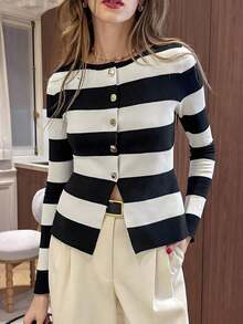 Cárdigan de punto de manga larga con cuello redondo ajustado, a rayas en blanco y negro, de estilo casual francés para mujer, para primavera/otoño - Blanco y Negro - Ver 6