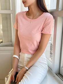 Camiseta De Manga Corta Con Cuello Redondo Y Color Sólido - Rosa 2 - Ver 9