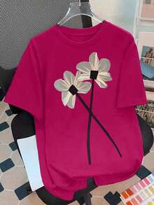 Camiseta de manga corta con cuello redondo y estampado floral, camisetas gráficas para mujer - Rosa Fucsia - Ver 1
