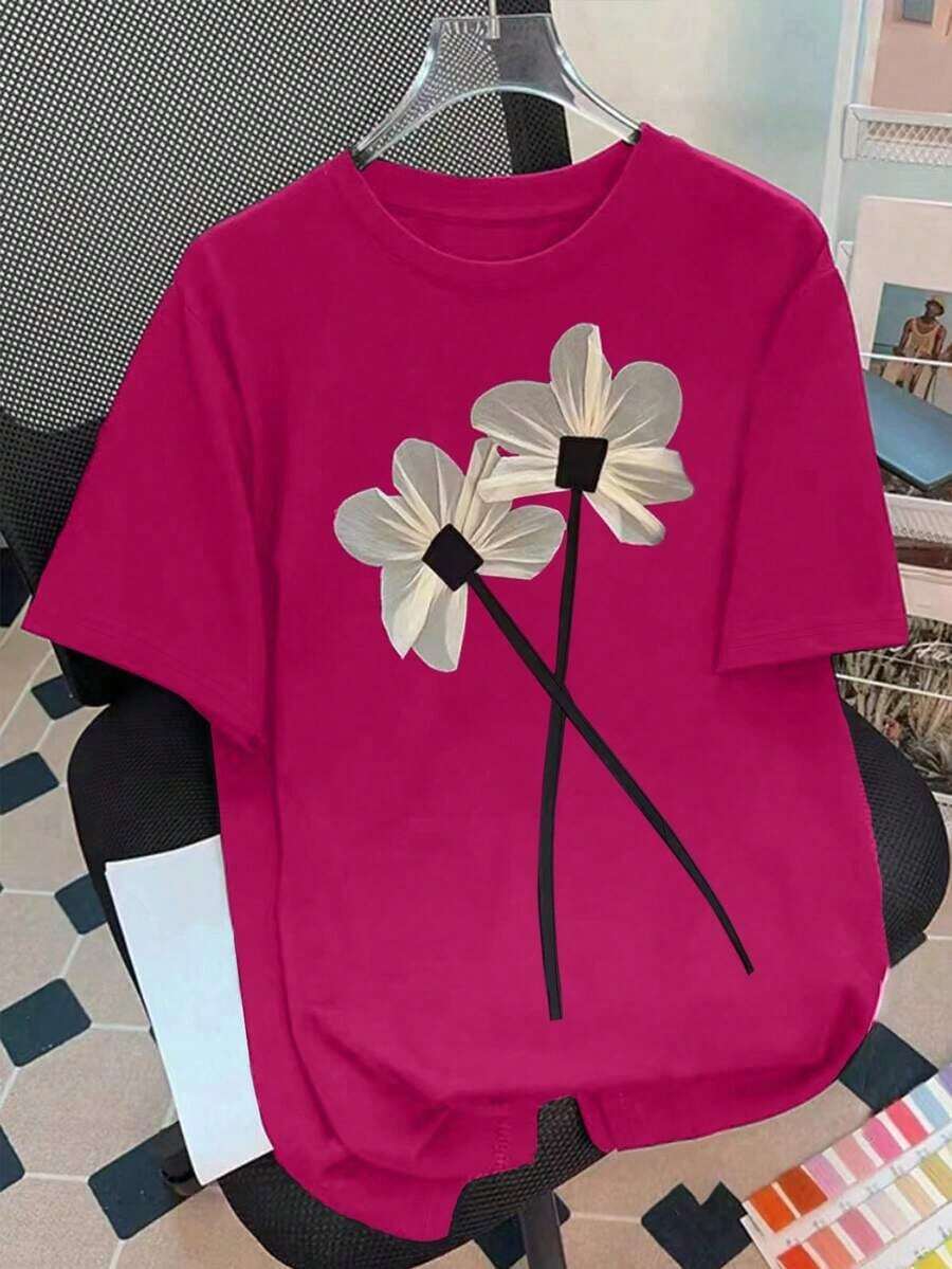 Camiseta de manga corta con cuello redondo y estampado floral, camisetas gráficas para mujer - Rosa Fucsia - Ver 1