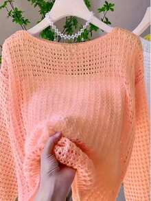 Blusa holgada y suelta de punto de unicolor y hueca para mujer en verano - Naranja - Ver 1