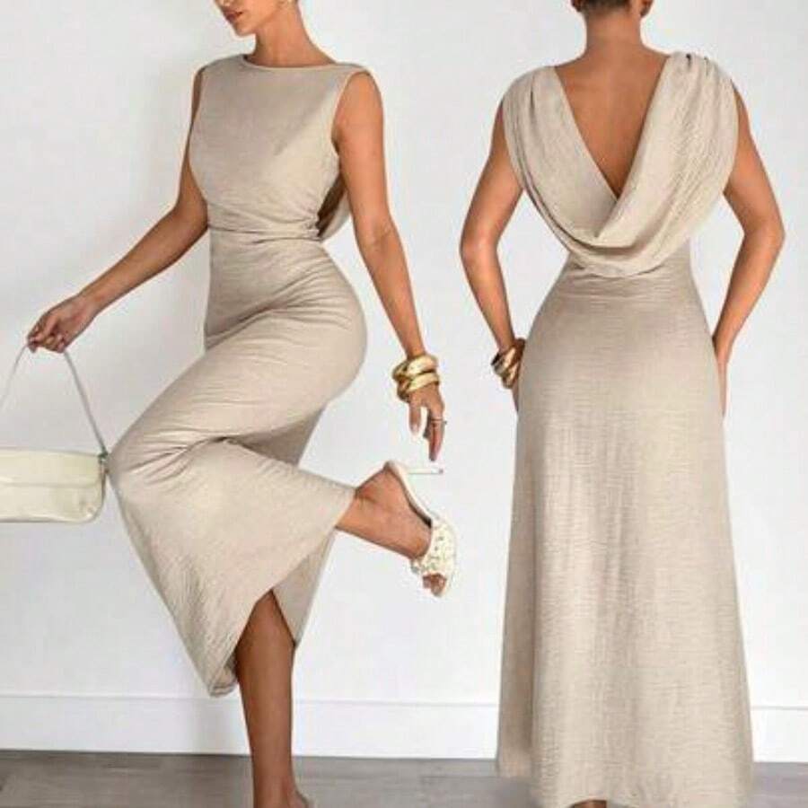 Nana's Women's Clothing Store Vestido con cintura plisada para mujer, vestido con escote pronunciado y espalda descubierta, vestido de oficina sexy y elegante, vestido de vacaciones, único y de moda, para oficina, elegante, sexy, vacaciones, playa, Hawái, temporada de bodas, vestido de graduación, vestido de gala formal para mujer, vestido de cóctel para mujer, cuello drapeado, vestido de cumpleaños para mujer, vestido de novia para mujer, vestido espalda descubierta - Albaricoque - Ver 1