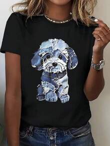Camiseta de talla grande para mujer, 1 pieza, con gráfico de cachorro estilo mezclilla y estampado de letras, talla grande - Negro - Ver 2