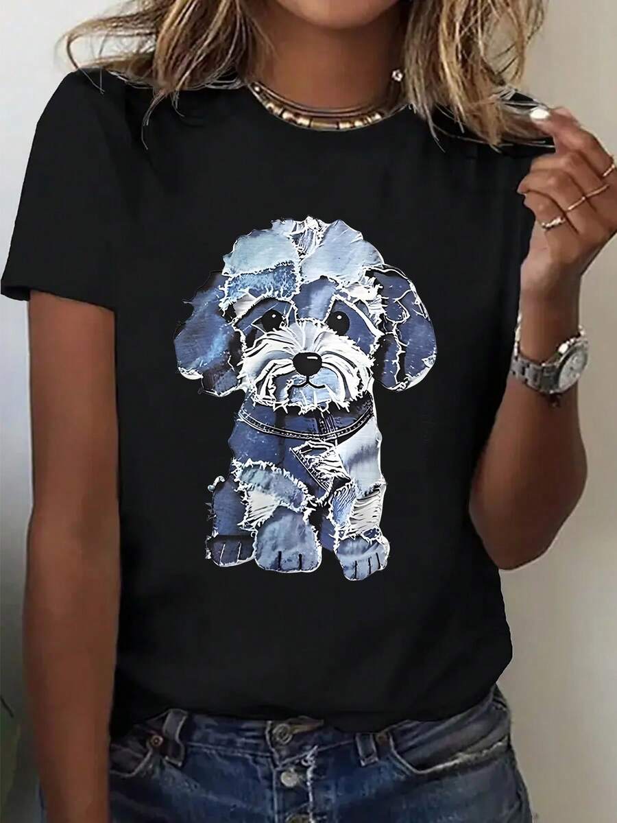 Camiseta de talla grande para mujer, 1 pieza, con gráfico de cachorro estilo mezclilla y estampado de letras, talla grande