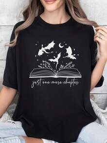 Camiseta gótica de mujer con murciélago y luna, ideal para usar en cualquier temporada. Camiseta de manga corta con cuello redondo y estampado de alas de murciélago y luna. Blusa estilo camiseta holgada con tema de murciélagos, ideal para amantes de la lectura. Regalo (Adeline, estampado de temporada divertido, calidad de estampado duradero, camiseta de manga corta para mujer, ropa de temporada). - Negro - Ver 2