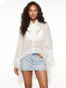 Women's Ruffled Tops Bow Tie Design Stylish Solid See Through Loose Fit V Neck Long Sleeve Blouses Perfect For Summer - Ivory - View 4