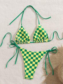 Bộ bikini nữ họa tiết kẻ caro mùa hè, cổ yếm buộc sau lưng, hở lưng, độ co giãn cao, phong cách thường ngày cho kỳ nghỉ, thời trang và thoải mái, phù hợp cho tiệc, lễ hội âm nhạc, dịp Valentine; trang phục bikini đi biển nữ, trang phục nghỉ hè - Nhiều màu - Xem 6