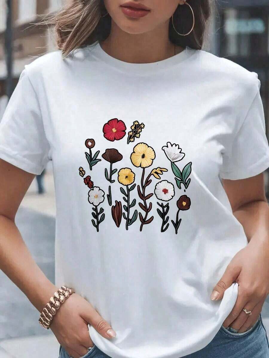 Women's White T-Shirt With Print Flclothesal Colclothesido Flclotheses Design For Spring And Summer Casual Clothing For Women Bohemian Style Soft Cotton T-Shirt For Hot Days - Vintage Street Style Unisex Loose Cotton Short Sleeve Crew Neck T-Shirt Suitable For Spring, Summer And Autumn - 白色 - 查看 1