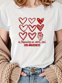Camiseta Casual para Mujer - Camiseta de Verano con Estampado de Corazón - Cuello Redondo, Manga Corta, Tejido de Punto, Beige con Diseño de Corazón y Detalles en Rojo, Texto "El Mes de Concientización sobre la Cardiomyocarditis" (CHD), Ligera y Transpirable para Vestimenta Casual, 100% Algodón, Duradera - Blanco - Ver 1