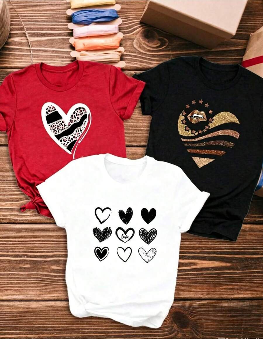 Artículo de moda: Camiseta casual de manga corta para mujer con 3 piezas/set de camisetas de manga suitable for streetwear, Top oversized cuello redondo daily outings, camping, concerts, hip-hop, rock, and rap events estampado en forma de corazón, camiseta de manga corta con cuello redondo para mujer, top deportivo casual transpirable de algodón puro, regalo para vacaciones, camiseta de primavera con diseño de mariposa para Pascua. - Negro - Ver 1