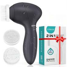 Facial Cleansing Brush Silicone Face Scrubber: 2 In1 FBS-D Electric Exfoliating Massage Device Waterproof Deep Cleaning Exfoliation Rotating Spa Machine - Electronic Skin Care Wash Clean System - Light Grey - View 11