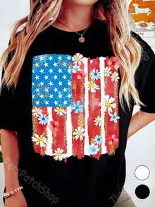 Comfortable T-Shirt With A Flag Design And Floral Brushstrokes, Perfect For Celebrating The 4th Of July. This 100% Cotton Tee Is An Ideal Choice For Casual Wear Year-Round And Makes A Great Commemorative Gift For Family And Friends On America's National Day. Unisex T-Shirts For Summer Outings, Women's Tees. - 黑色 - 查看 7