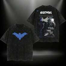 NightWing Batfamily DC Double Printed Oversize Lightweight Acid Washed Tee TV Show Graphic Top Cotton Gift T-Shirt For Comic Lover, Gift T-Shirt For Movie Loversummer Outfits For Womenanime Shirts - 黑色 - 查看 5