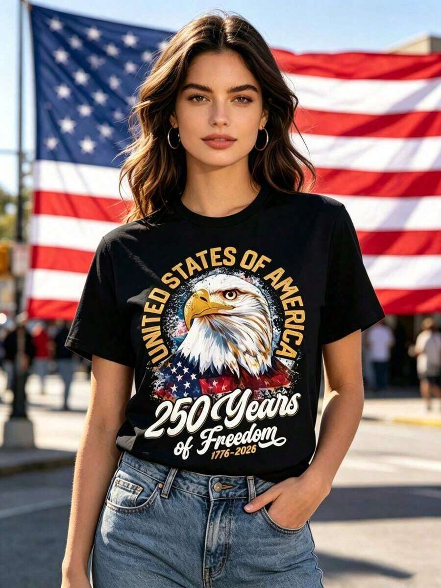 1 pieza Camiseta con diseño de águila para el Día de la Independencia de Estados Unidos, 250 Años de Libertad - Conmemorativa del 250º Aniversario 1776-2026, Camiseta gráfica vintage de manga corta con diseño de águila y bandera de EE. UU., Cuello redondo, Ropa casual para el 4 de julio, Ropa patriótica, Para todas las estaciones, 180g Algodón 100% - Negro - Ver 1