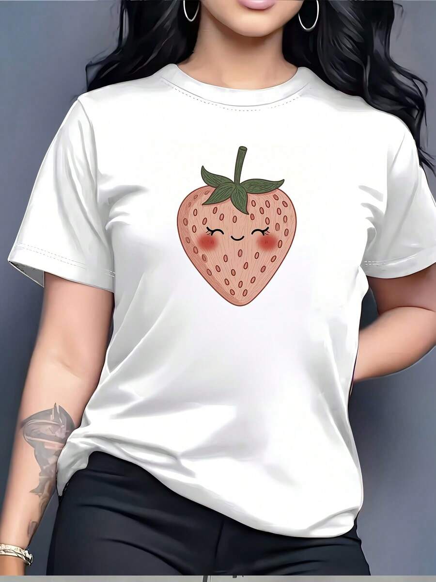 Camiseta de algodón oversize para mujer, moda 2026, con lindo estampado de fresas, 180G, top para mujer, regalo para ella, ligera y suave, informal de verano, cuello redondo, diseño único, cómoda y ajustada, adecuada para reuniones familiares y salidas de empresa, acogedora, suave, sencilla para uso diario, top de manga corta. - Blanco - Ver 1