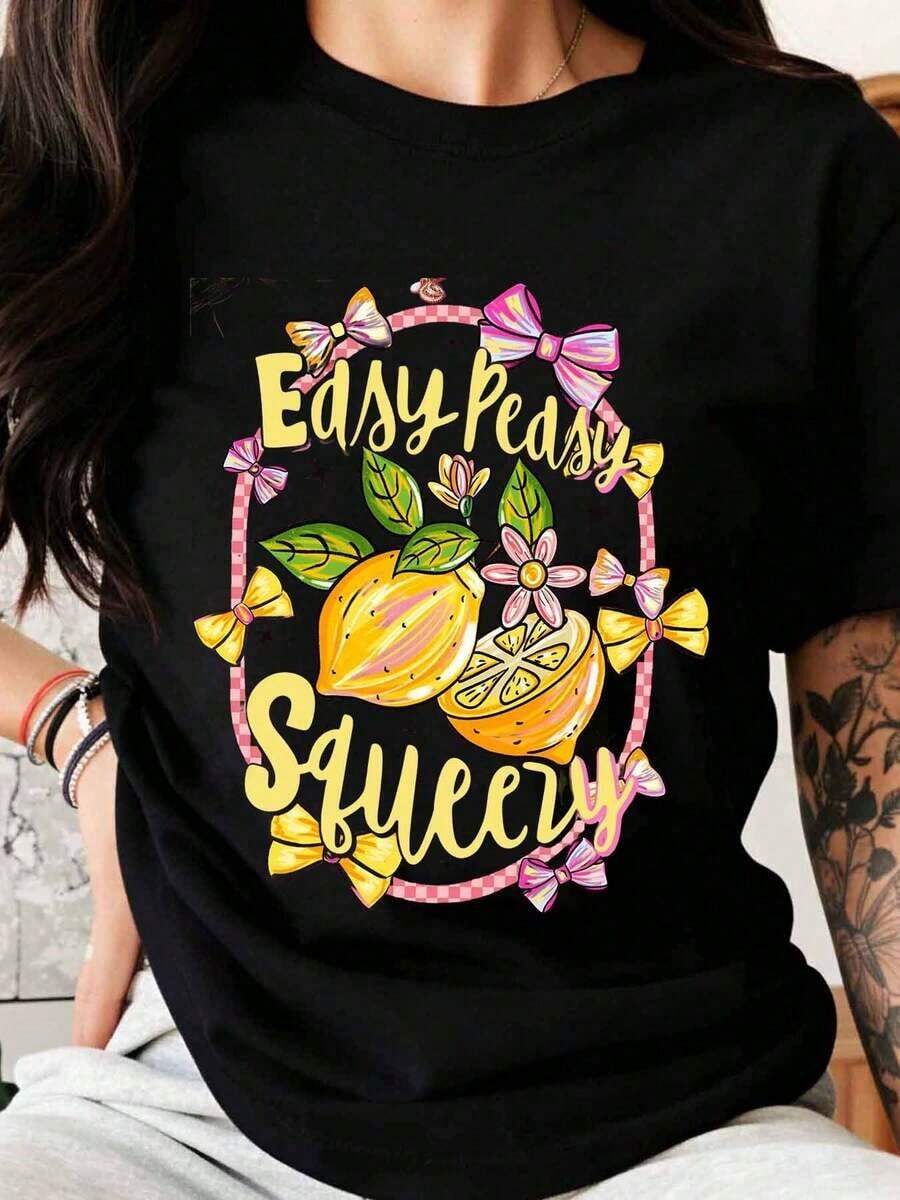 Easy Peasy Squeezy Lemon Design Women's Cotton T-Shirt, Casual Women's T-Shirt, Fashionable Summer Graphic Tee With Bow And Floral Print For Everyday Wear And As A Gift. - 黑色 - 查看 1