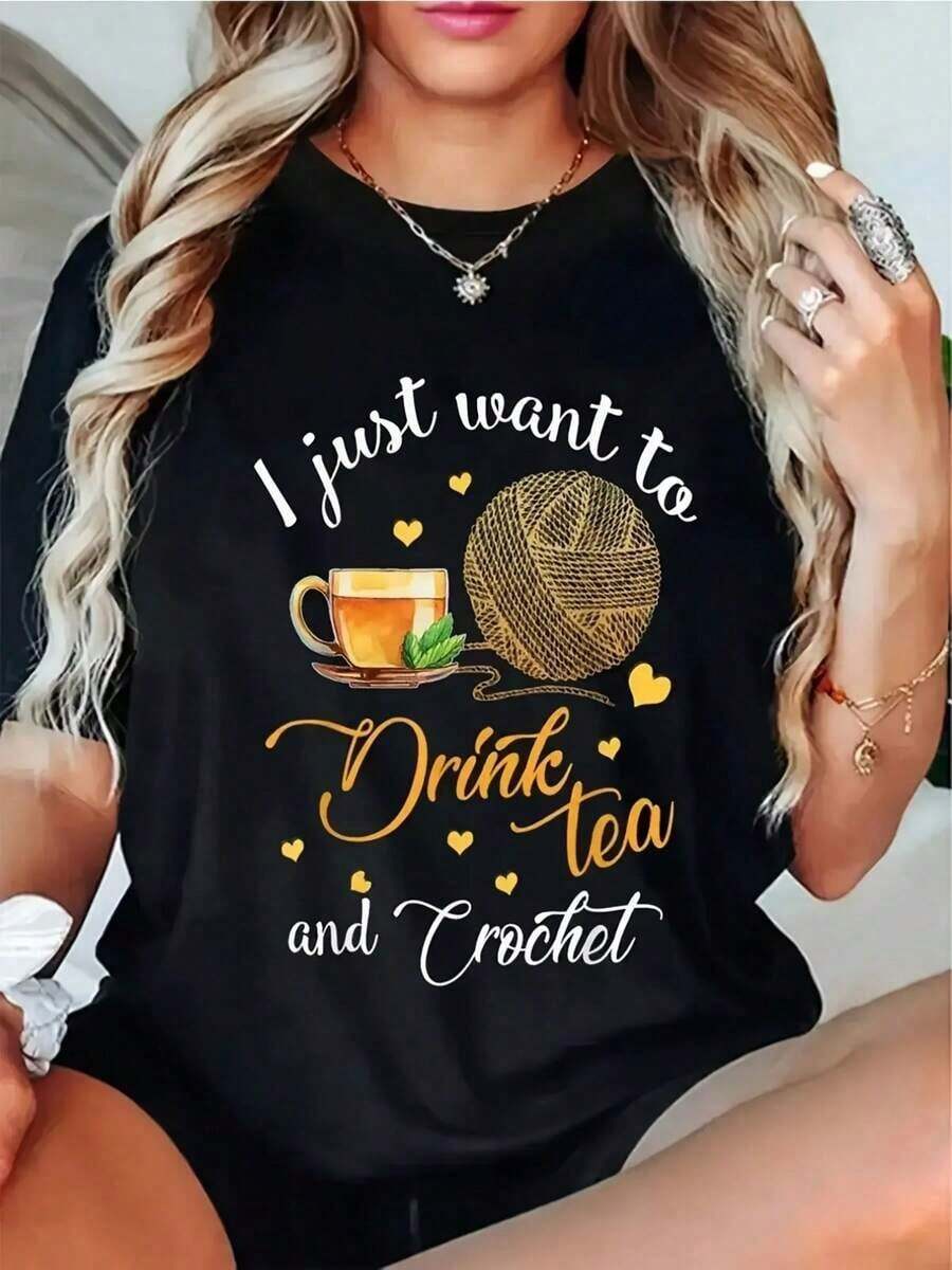Camiseta Casual para Mujer con Estampado "I Just Crochet" (2) Moda - Negro 1 - Ver 1