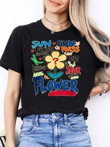 T-shirt única con diseño de flor colorida estilo y2k perfecta para la temporada de verano, destaca por sus vibrantes colores y arte gráfico divertido, ideal para los amantes de la moda fresca y original, combina con cualquier outfit y resalta tu personalidad única CJ1T - Negro - Ver 1