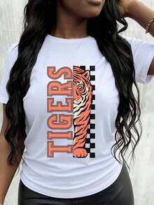 Camiseta con Gráfico de Cabeza de Tigre para Mujer, Top Casual de Moda, Ropa Deportiva para Equipo, Playera Holgada para Mujer - Blanco - Ver 1