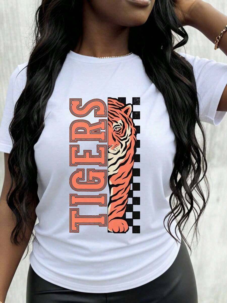 Camiseta con Gráfico de Cabeza de Tigre para Mujer, Top Casual de Moda, Ropa Deportiva para Equipo, Playera Holgada para Mujer - Blanco - Ver 1