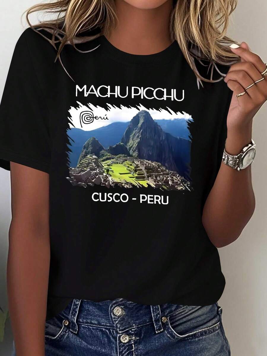 Camiseta estampada de algodón puro para mujer, de Machu Picchu, Perú, blusa casual de manga corta, cómoda y versátil para mujer. - Negro - Ver 1