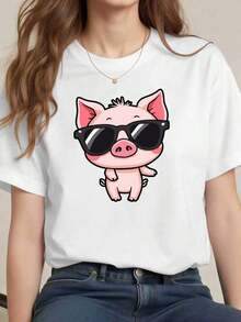 Camiseta para mujer con gafas de sol de cerdito, 100 % algodón, cuello redondo, ajuste cómodo, dise?o gráfico.Pure-Cotton - Blanco - Ver 8