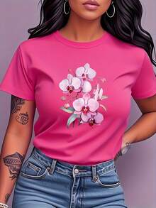 Camiseta con estampado de orquídeas rosas, de manga corta y cuello redondo, ropa de mujer, estilo fresco y elegante, versátil e informal, adecuada para el día a día, fiestas, citas, regalo de cumpleaños. MG3E - Rosa Fucsia - Ver 7